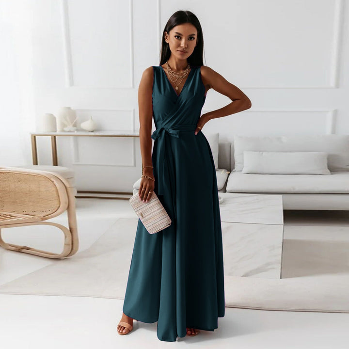 Flowy V-neck wrap maxi dress for women. Ideal for elegant summer parties, special occasions, or casual chic.