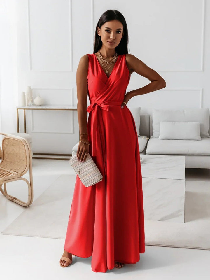 Chic women's sleeveless wrap maxi dress. Versatile casual elegant summer style, perfect for day or evening wear.