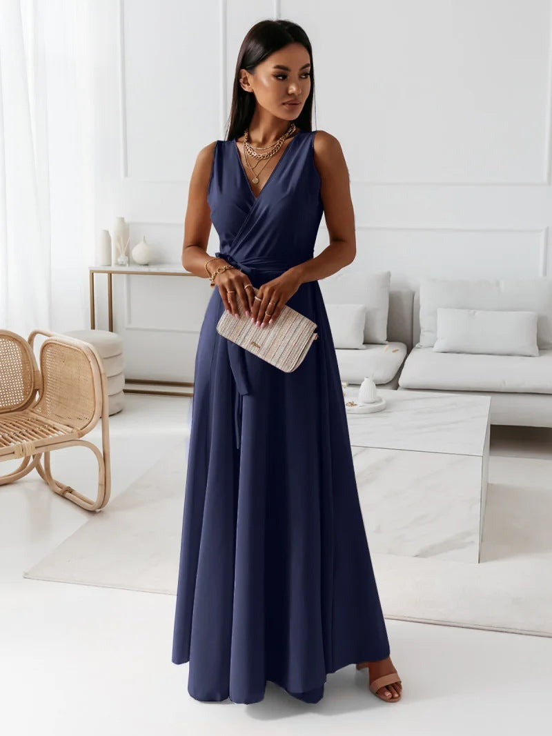 Elegant V-neck sleeveless wrap maxi dress. Sophisticated women's summer style, perfect for parties & special events.