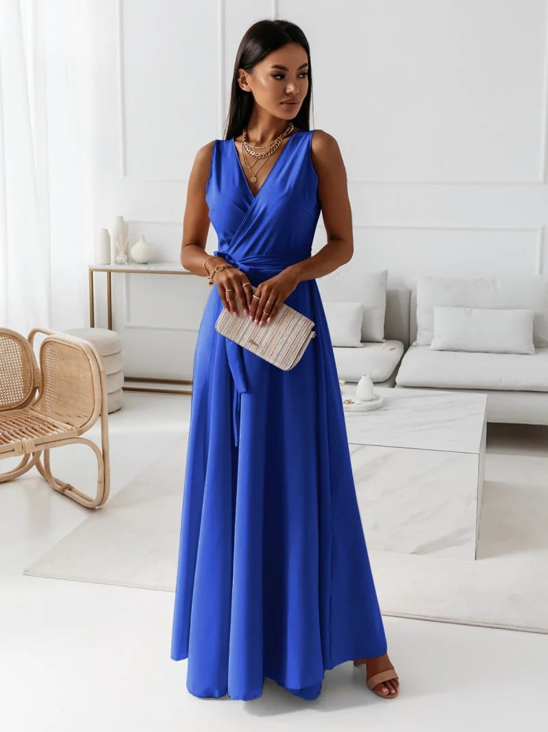 Women's sleeveless wrap maxi dress. Comfortable, flowy design for casual chic or elegant summer party wear.