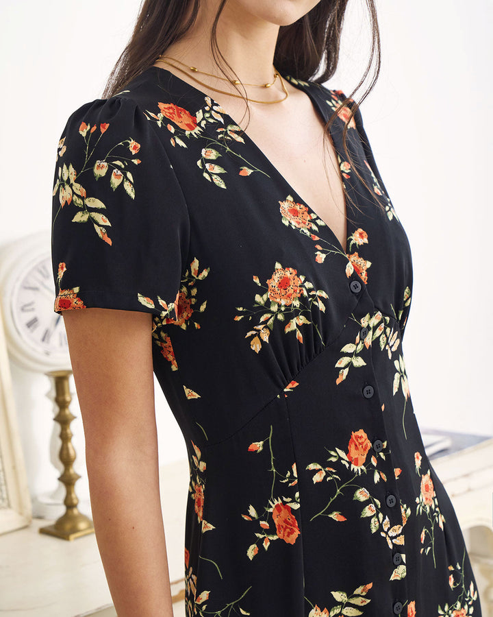 Feminine floral print short-sleeve V-neck maxi dress. A versatile summer staple for women.