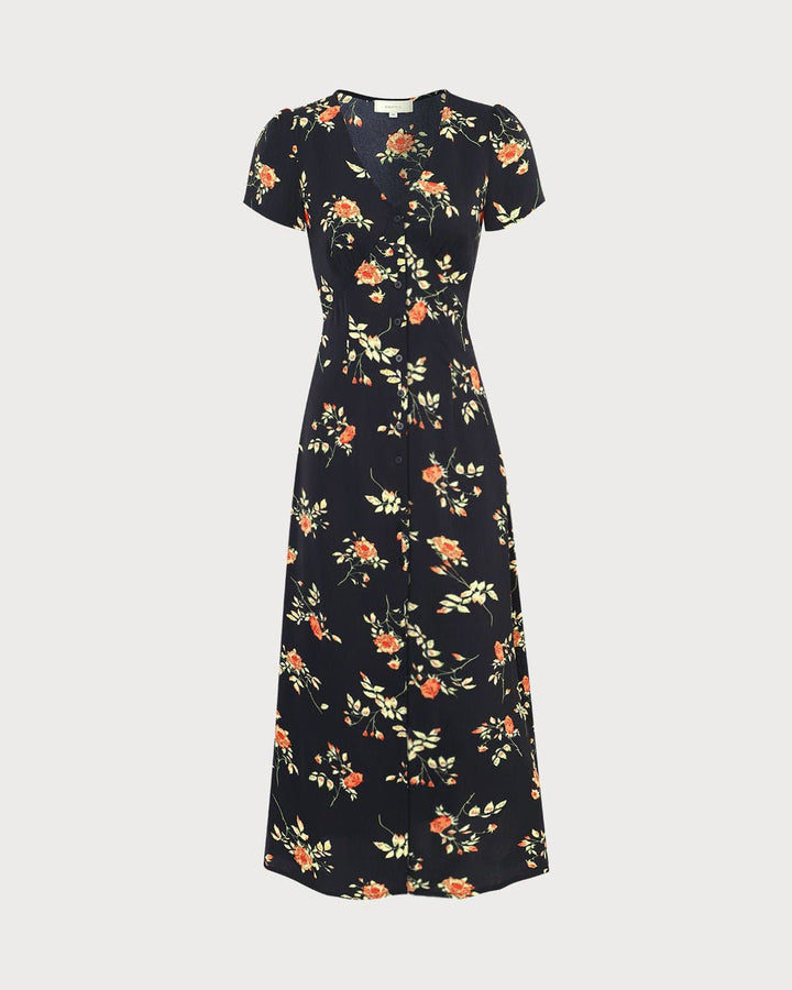 Printed women's floral maxi dress with V-neck & short sleeves. Elegant & feminine for day or night.
