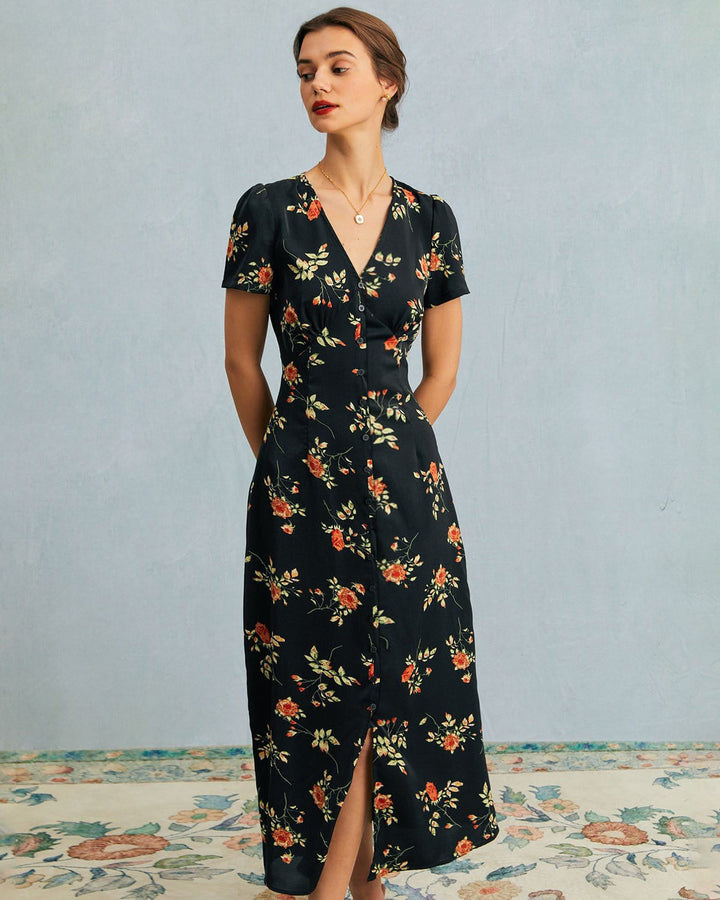 Beautiful women's floral V-neck maxi dress with short sleeves. An elegant choice for summer parties.