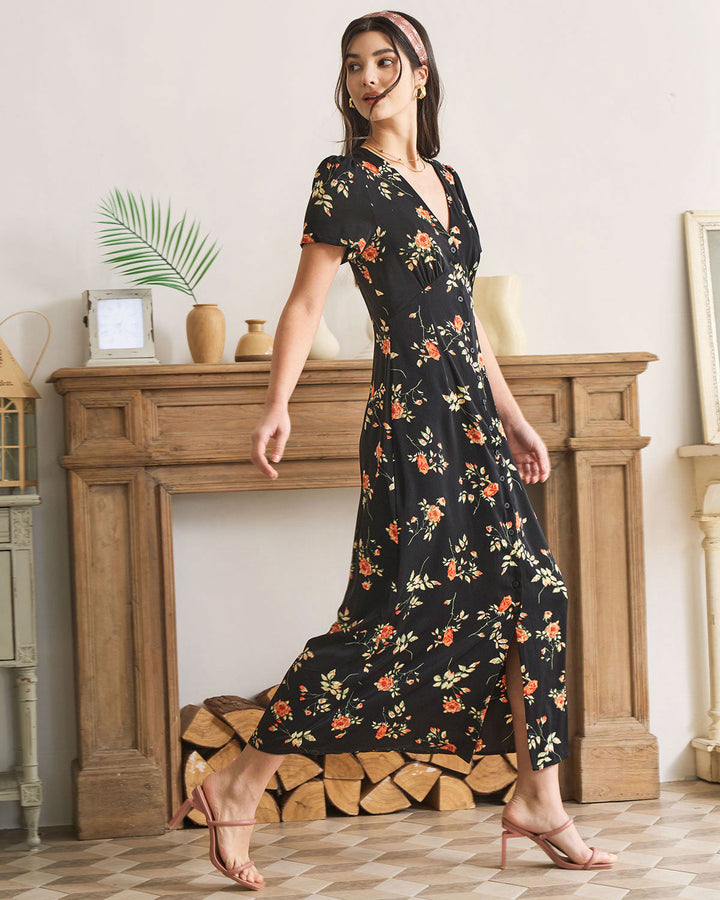 Women's summer floral V-neck short-sleeve maxi dress. Comfortable, printed, and perfect for any occasion.