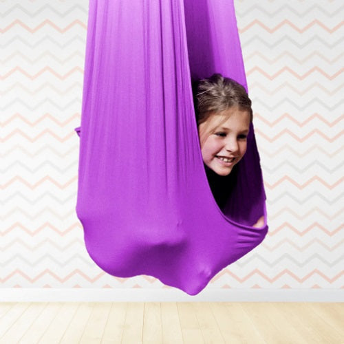 Blue children's sensory swing, a calming tool for kids with ADHD, autism, or those needing focus & deep pressure.
