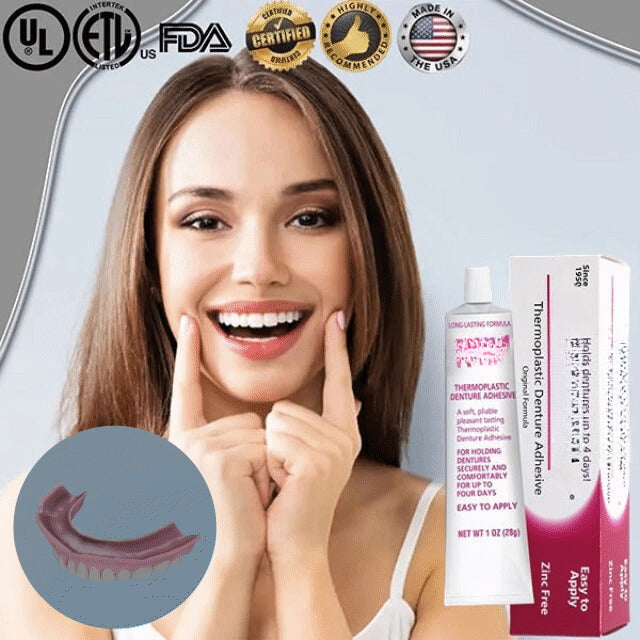 Denture adhesive for a strong, secure hold. Thermoplastic formula for all-day comfort & gum health.
