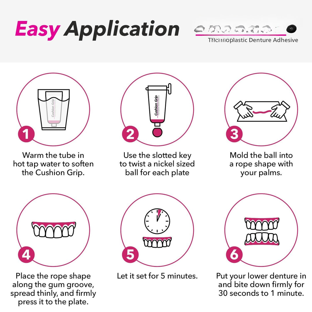 Thermoplastic denture adhesive for a reliable, secure fit. Promotes gum health & oral hygiene.