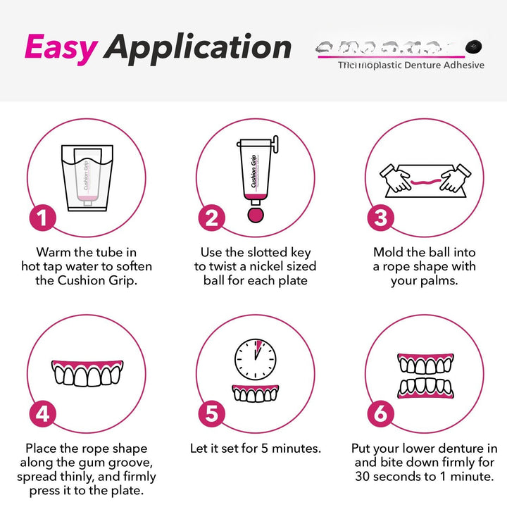Thermoplastic denture adhesive for a reliable, secure fit. Promotes gum health & oral hygiene.