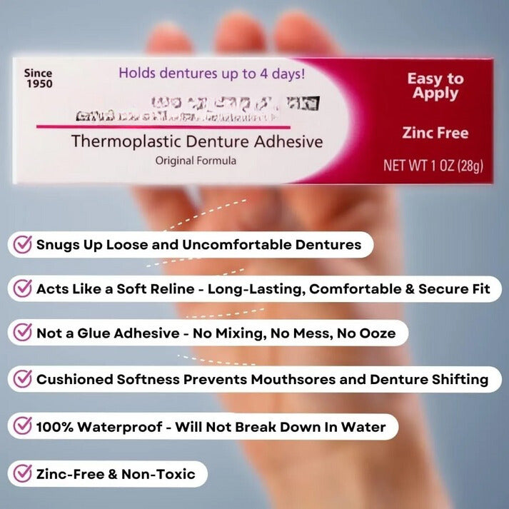 Advanced thermoplastic denture adhesive provides a strong, reliable, and secure fit for dentures.