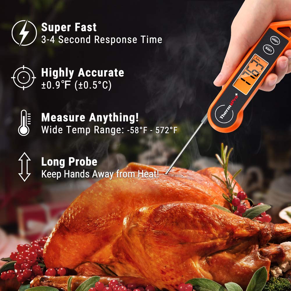 Easy-to-use digital cooking thermometer for precise temperature readings on all types of food and meat.
