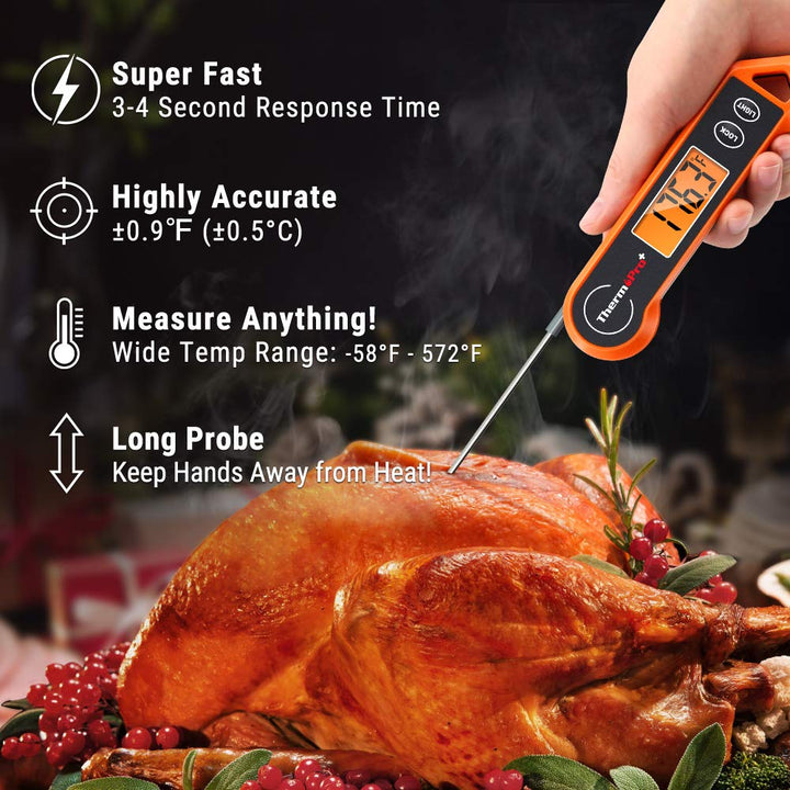 Easy-to-use digital cooking thermometer for precise temperature readings on all types of food and meat.