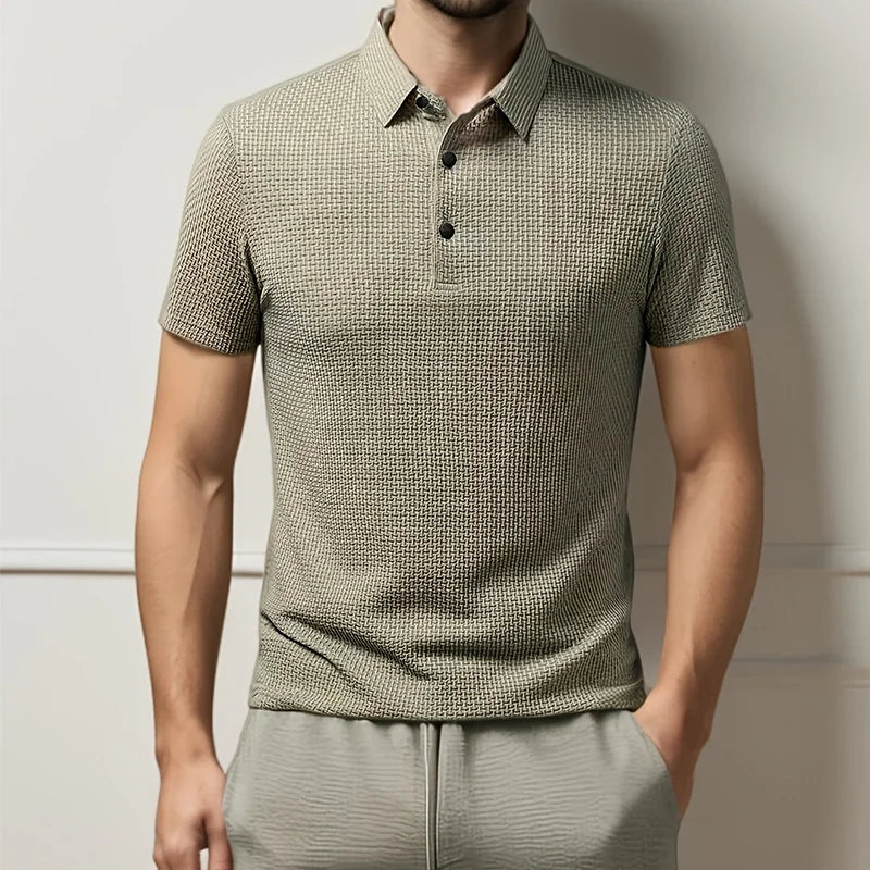 Men's textured short sleeve polo shirt for casual everyday style.