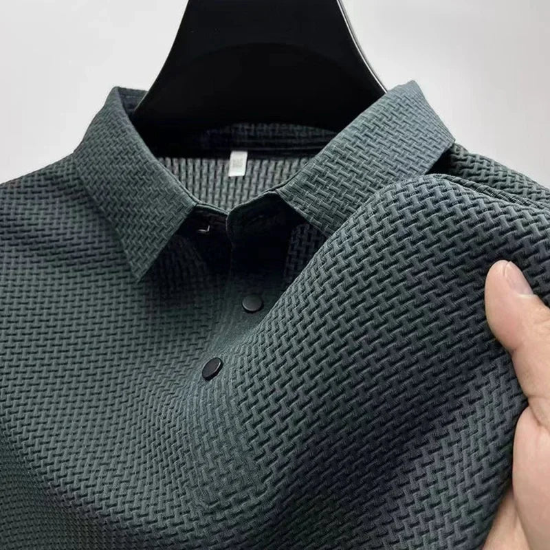 Smart casual men's textured short sleeve polo, perfect for versatile everyday wear.