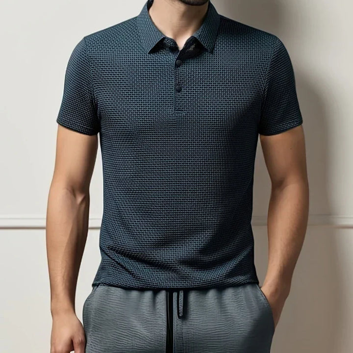 Regular fit men's textured short sleeve polo, a classic comfortable summer top.