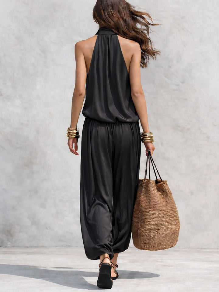 Flowy & comfortable women's cowl neck halter top with wide leg pants, a versatile two-piece summer outfit.