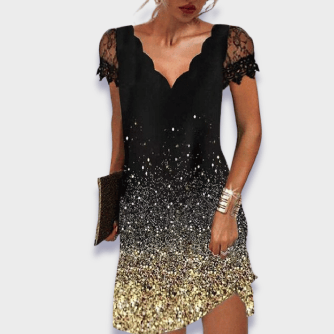Pretty women's lace V-neck dress with short sleeves, elegant and fitted for evening events.
