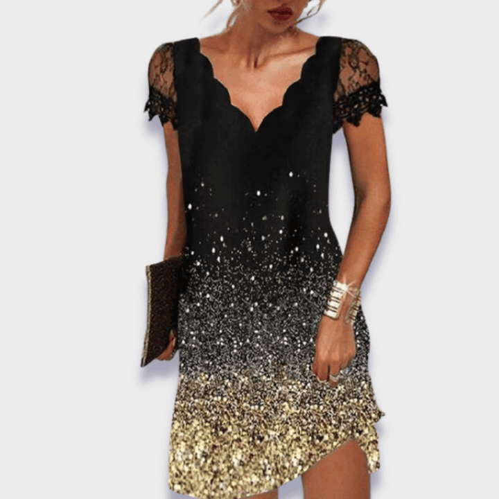 Pretty women's lace V-neck dress with short sleeves, elegant and fitted for evening events.