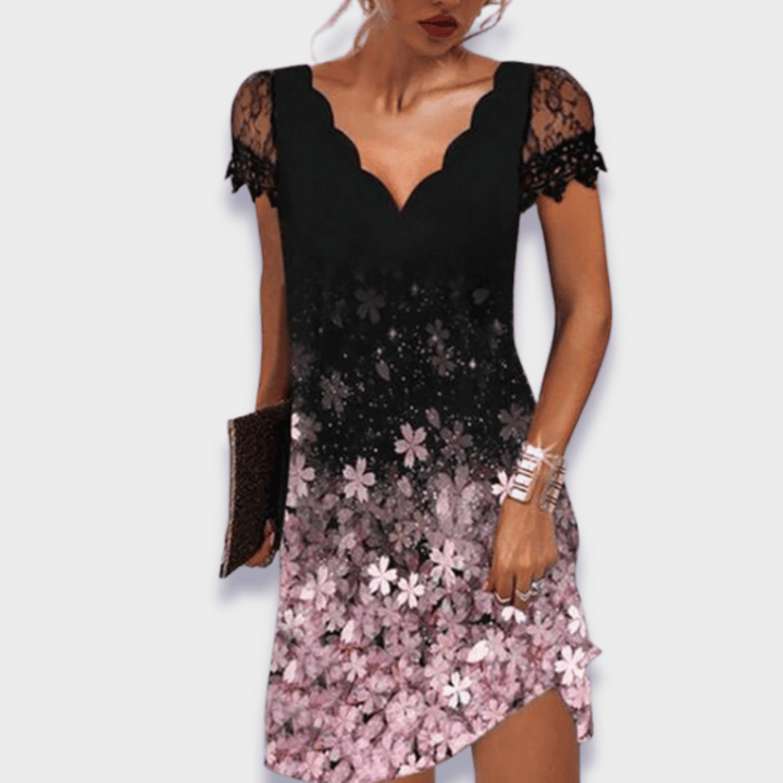 Sophisticated V-neck lace evening dress for women, featuring short sleeves and a fitted silhouette.