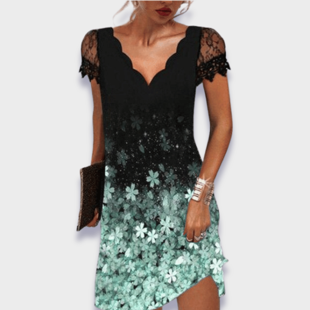 Beautiful V-neck lace party dress for women, short sleeves and a chic, elegant design.