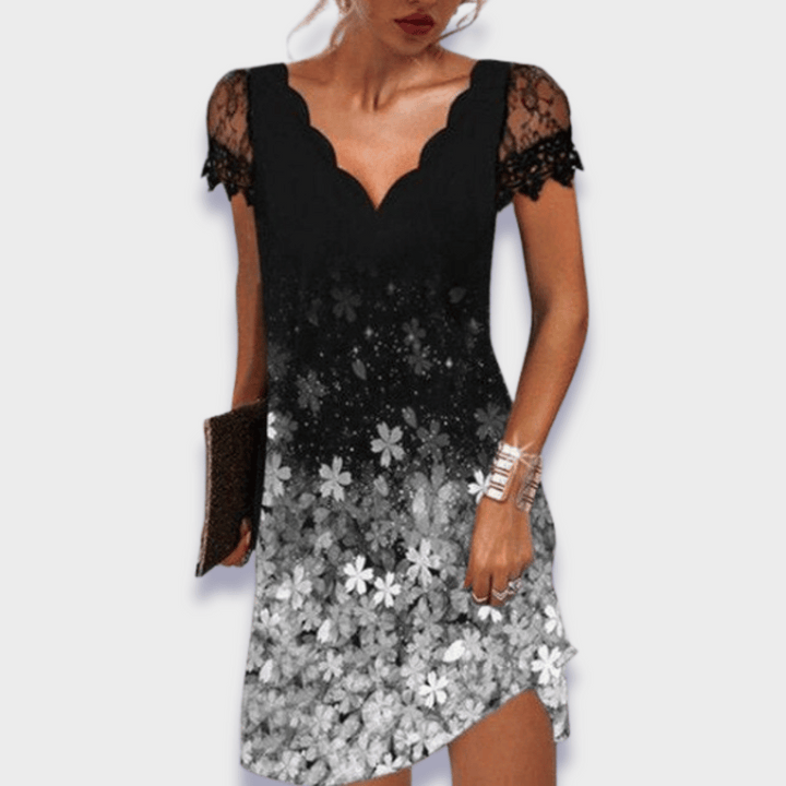 Fitted women's lace V-neck dress, short sleeve, ideal for formal parties and special occasions.