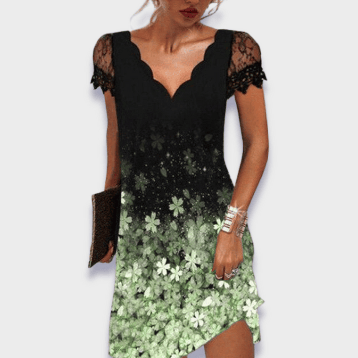Chic women's short sleeve V-neck lace dress, an elegant choice for evening and cocktail wear.