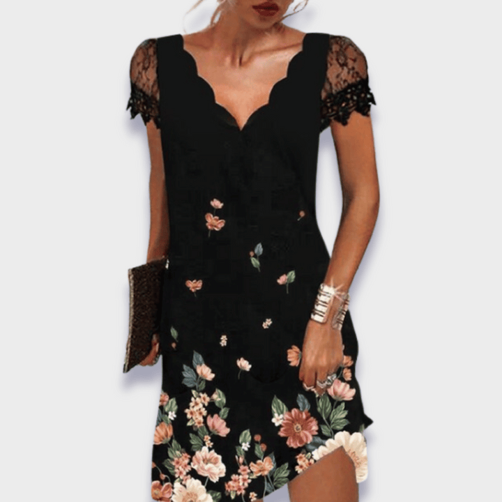 Sophisticated women's lace dress with V-neckline, short sleeves, perfect for elegant evening wear.
