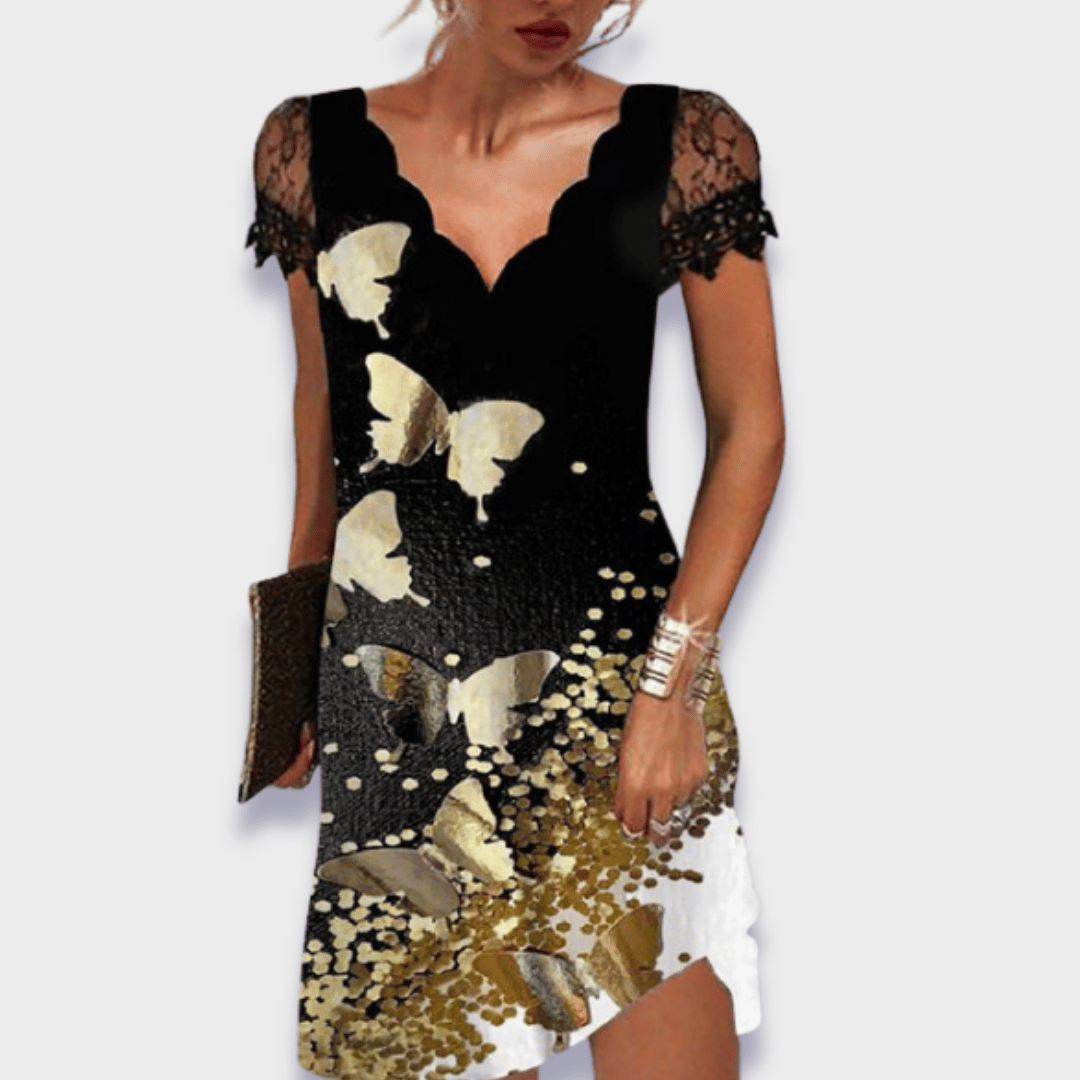 Women's stylish V-neck cocktail dress, short sleeve lace design for sophisticated parties.