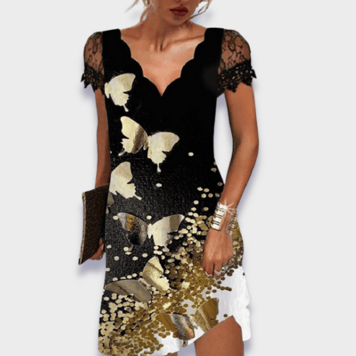 Women's stylish V-neck cocktail dress, short sleeve lace design for sophisticated parties.