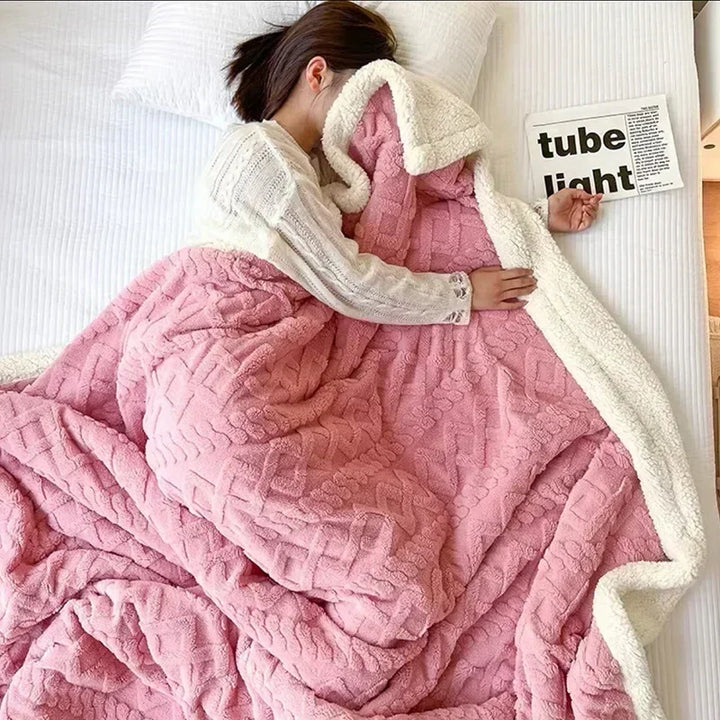 Premium lambswool & fleece winter blanket, luxurious and warm, perfect for a cozy bedroom throw.