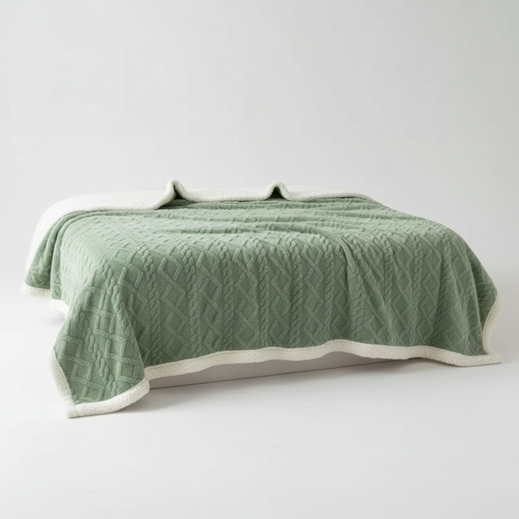 Cozy jacquard throw blanket, sherpa lined for extra warmth and luxurious home comfort.