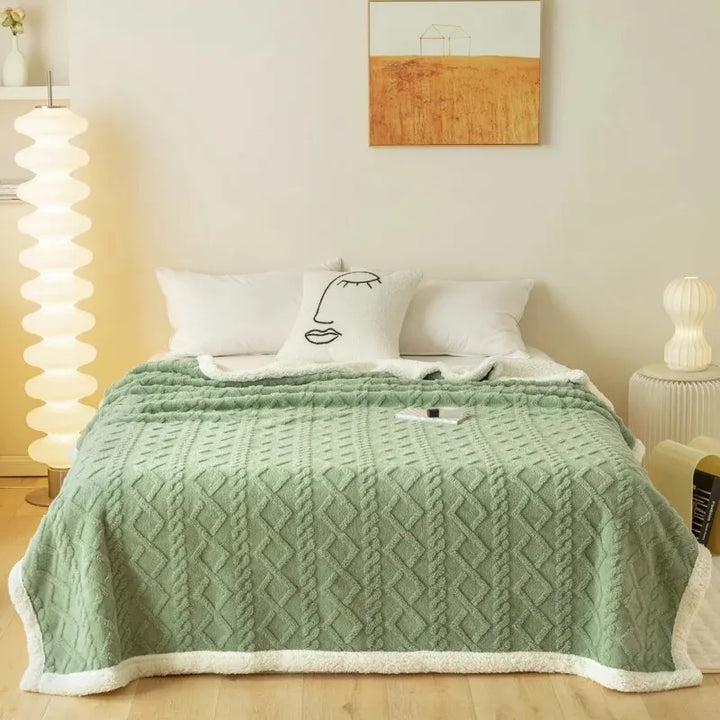 Snuggle up with this warm sherpa-lined jacquard throw blanket. A soft, cozy winter essential.
