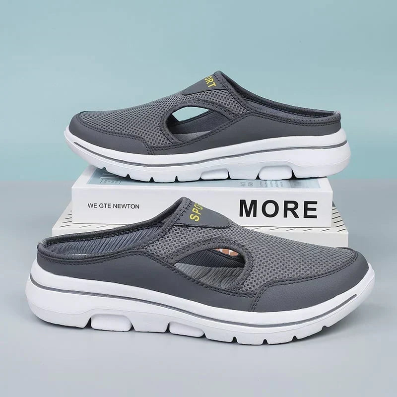 Breathable grey men's comfort slip-on shoes, ideal for arch support & cushioned sole.