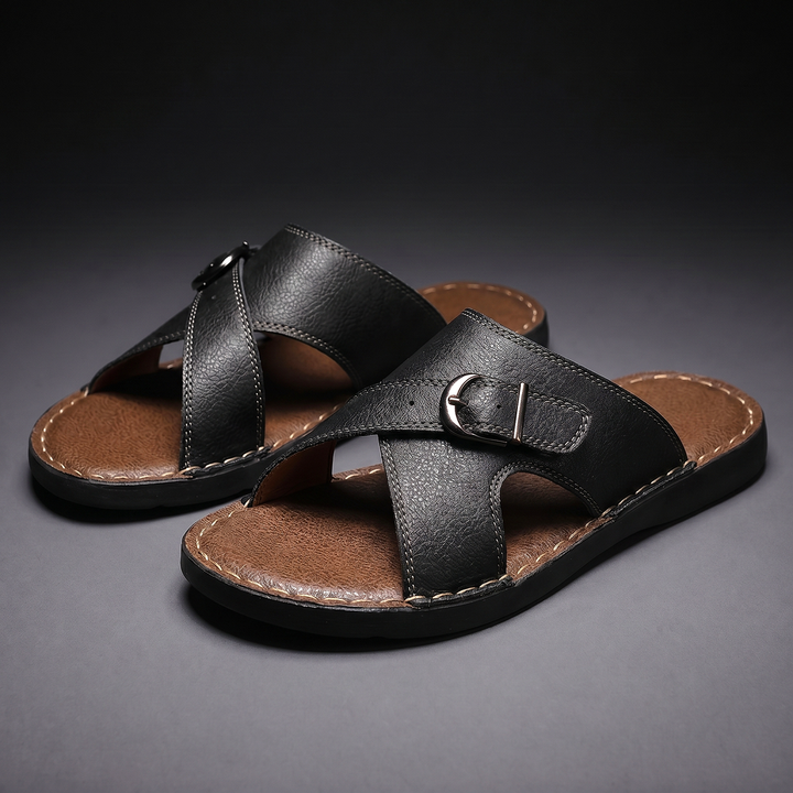 Men's black criss-cross buckle comfort slides, ideal for casual summer footwear.