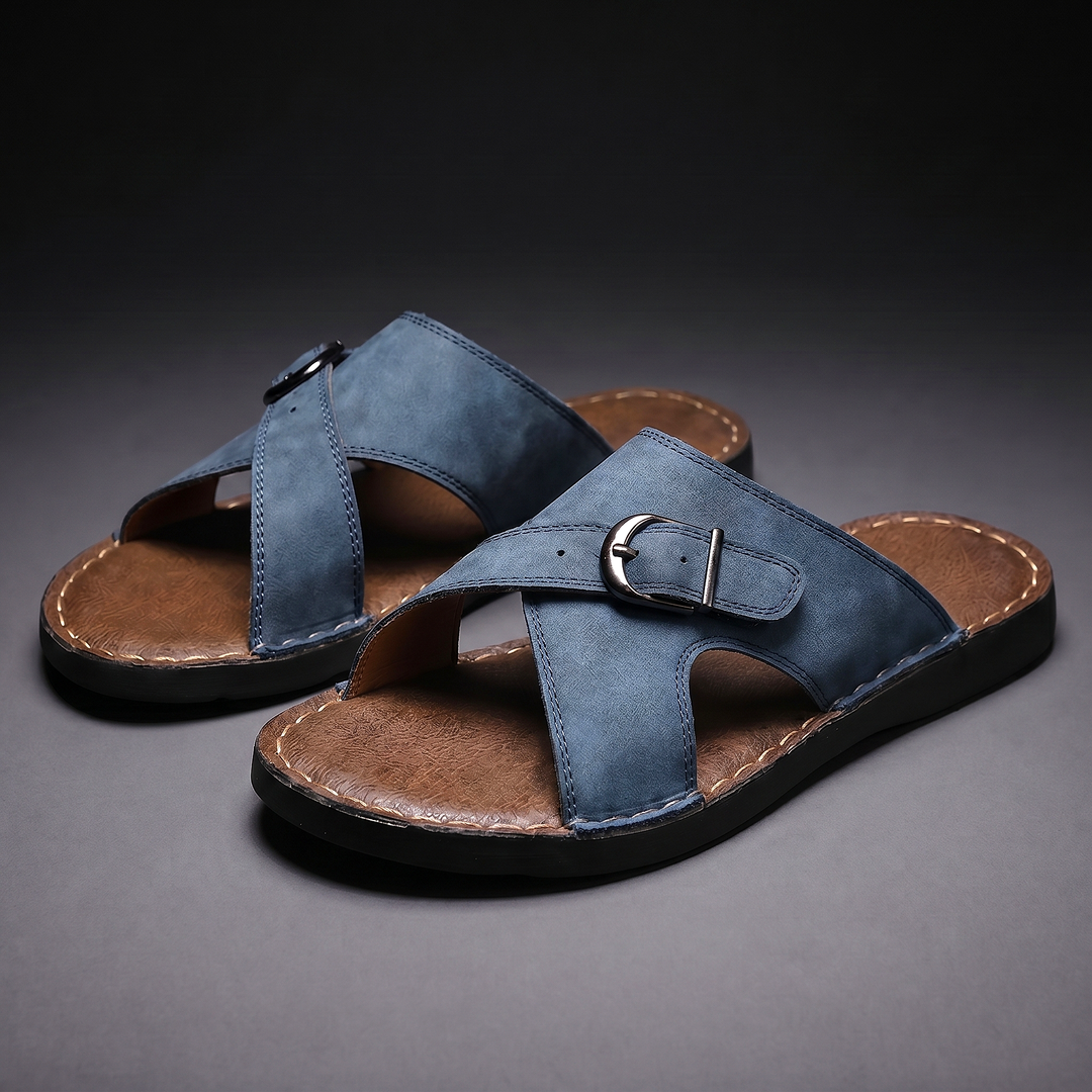 Effortless men's criss-cross strap sandals with adjustable buckles & cushioned sole for comfort.