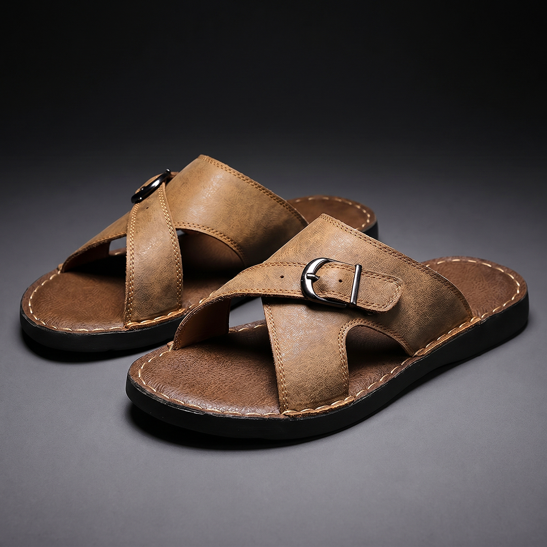 Casual men's summer slides with criss-cross buckle straps, perfect for beach or everyday comfort.