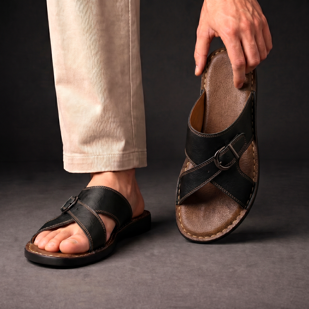 Durable men's criss-cross buckle comfort slides, ideal easy slip-on summer casual footwear.