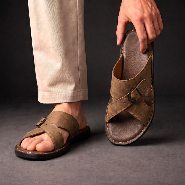Modern men's criss-cross buckle slides offering effortless style and comfort for daily wear.