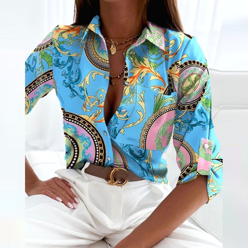 Full view of a women's printed collared blouse, a classic button-up top for modern officewear.