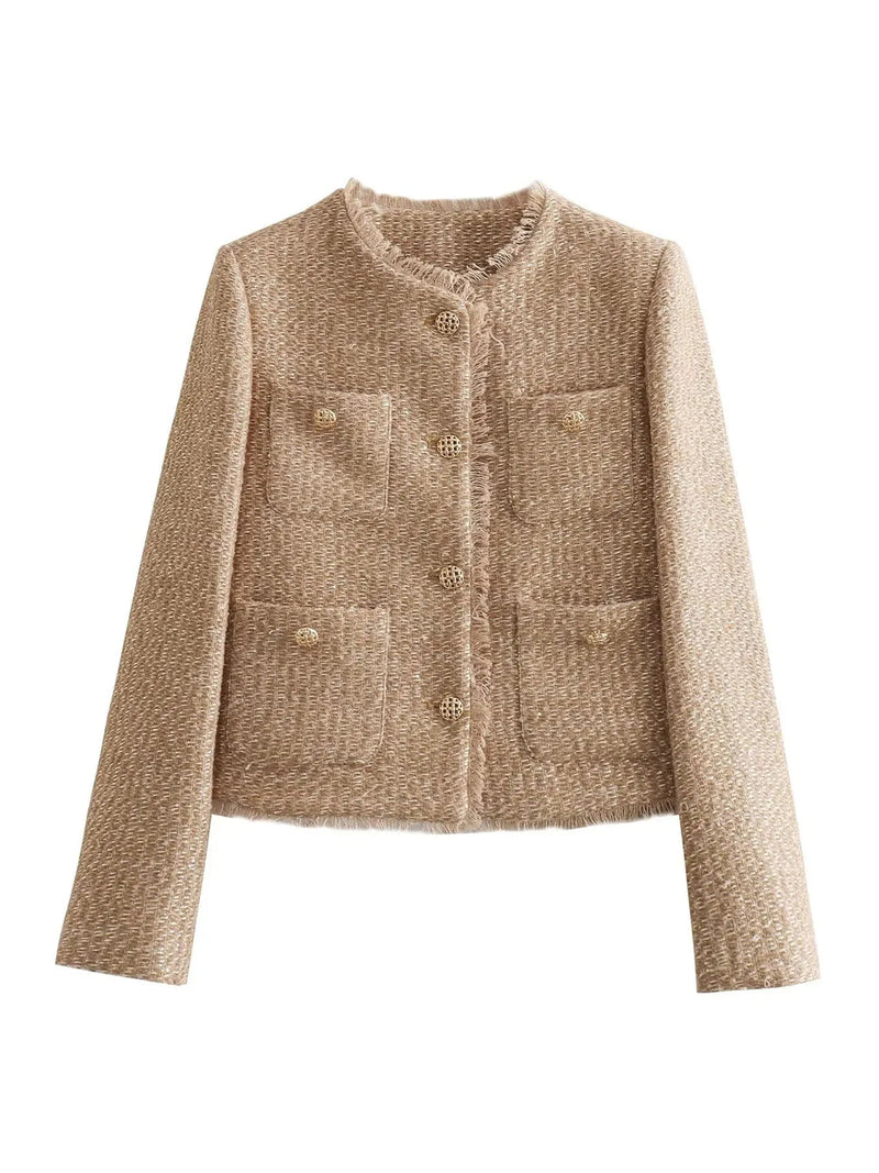 Sophisticated women's tweed jacket with luxurious gold buttons, perfect for elegant fashion.