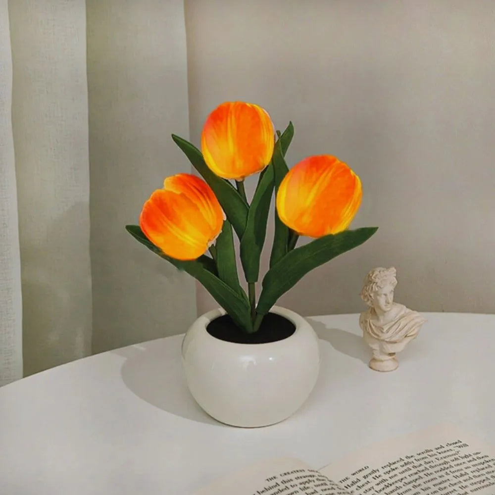 Decorative LED tulip night light enhancing home ambiance with its gentle flower glow.