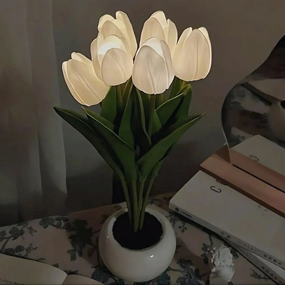 Close-up on the petals of a glowing Tulip LED night light, creating a serene mood.