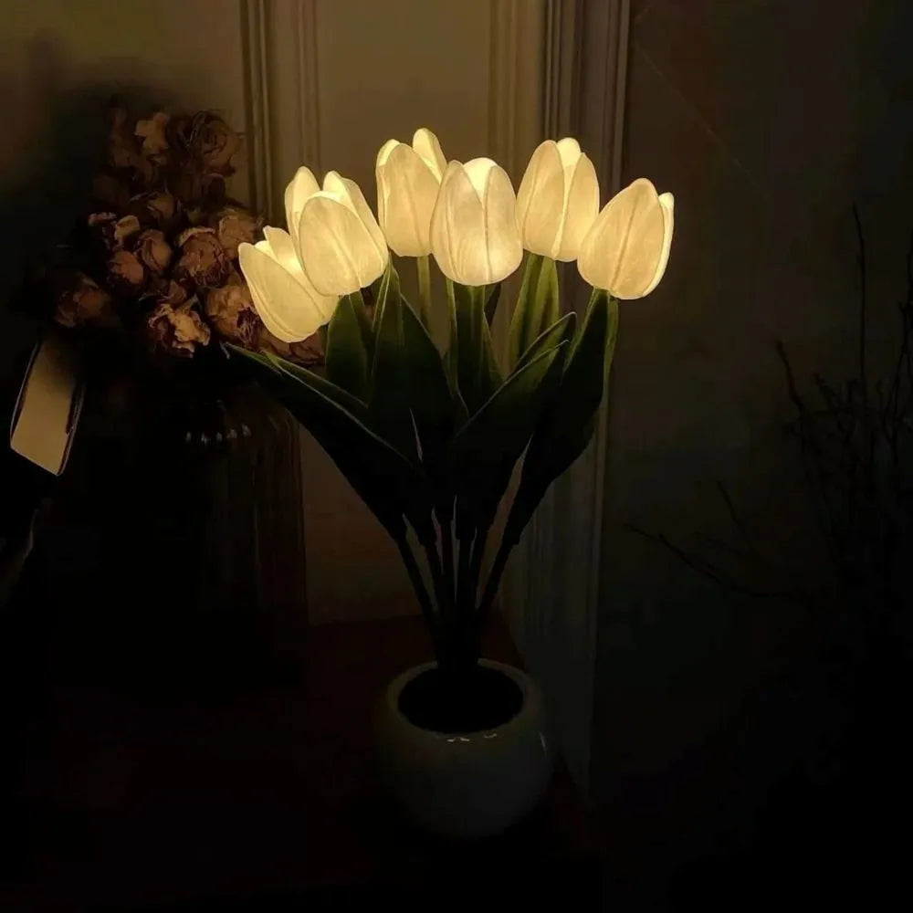 Close-up of the warm light from a Decorative Tulip LED Lamp, ideal for mood lighting.