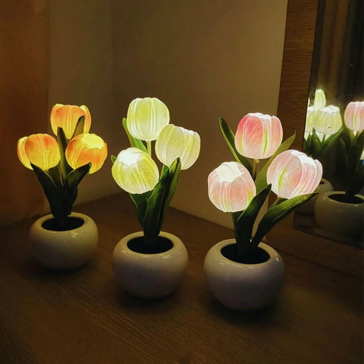 Close-up of a Decorative Tulip LED Night Light, emitting a soft warm flower glow.
