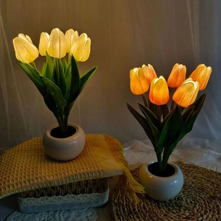 Aesthetic LED tulip flower lamp providing warm ambiance, battery or USB powered.