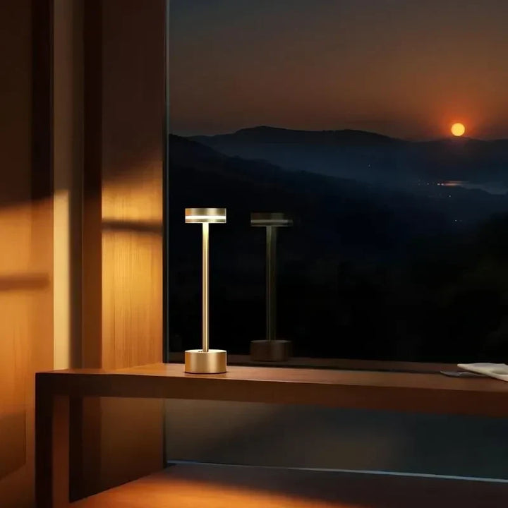 Close-up of the "Unisex Cosmic Elegance" dimmable LED table lamp, showcasing its modern aluminum design.
