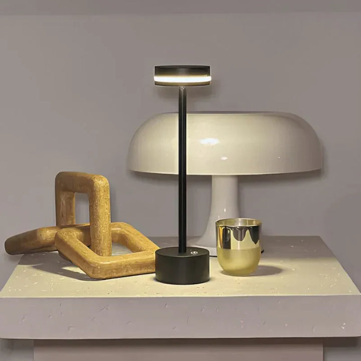 Dimmable LED table lamp, "Unisex Cosmic Elegance" aluminum design for home decor.