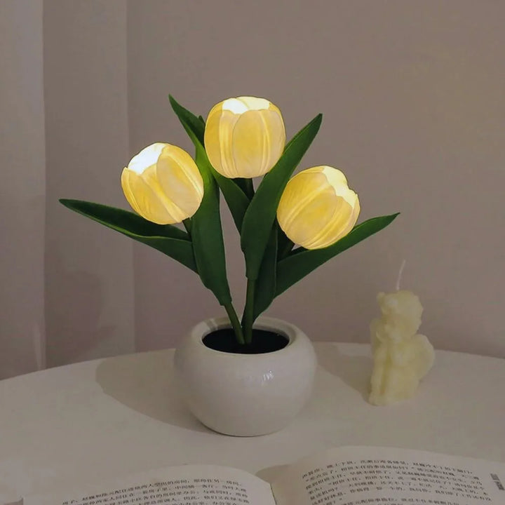 Warm flower glow from a Decorative Tulip LED Lamp, creating a cozy home ambiance.
