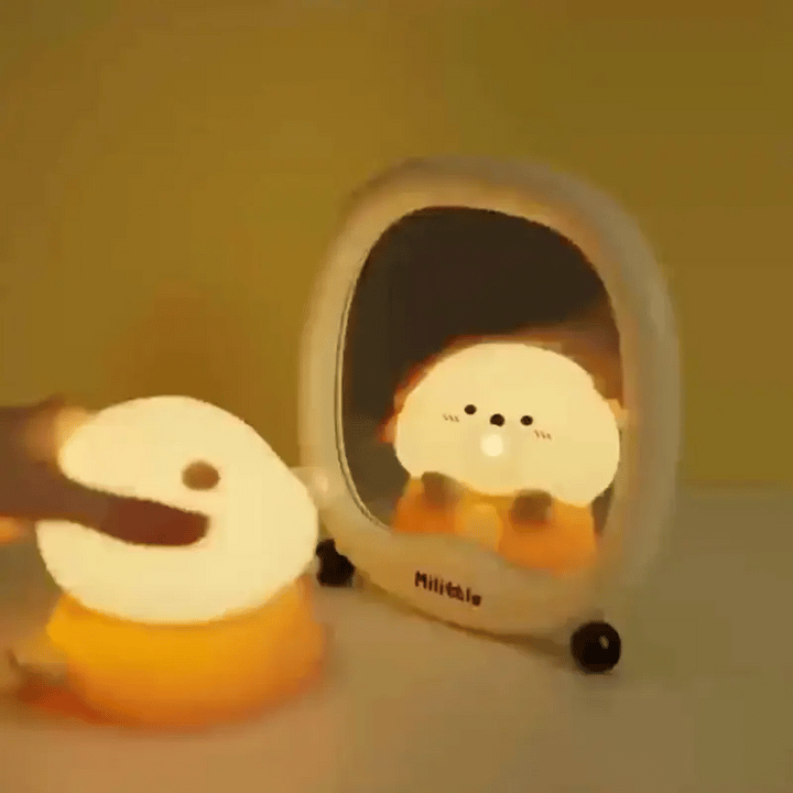 Rechargeable animal LED nightlight; soft silicone, gentle tap dimming, perfect for toddlers.
