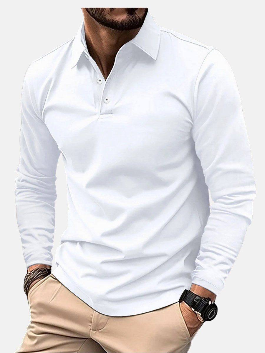 Men's classic long-sleeve polo shirt. Button-up collared top offers smart casual comfort and versatile style.