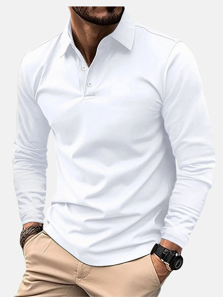 Men's classic long-sleeve polo shirt. Button-up collared top offers smart casual comfort and versatile style.